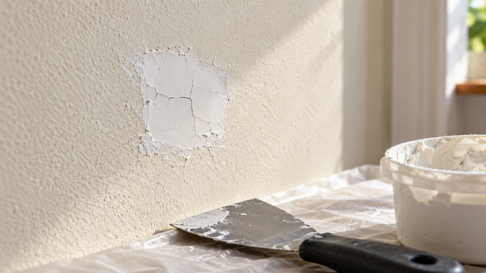 Stucco bianco asciutto con piccole crepe su una parete, accanto a una spatola e a un contenitore di stucco
