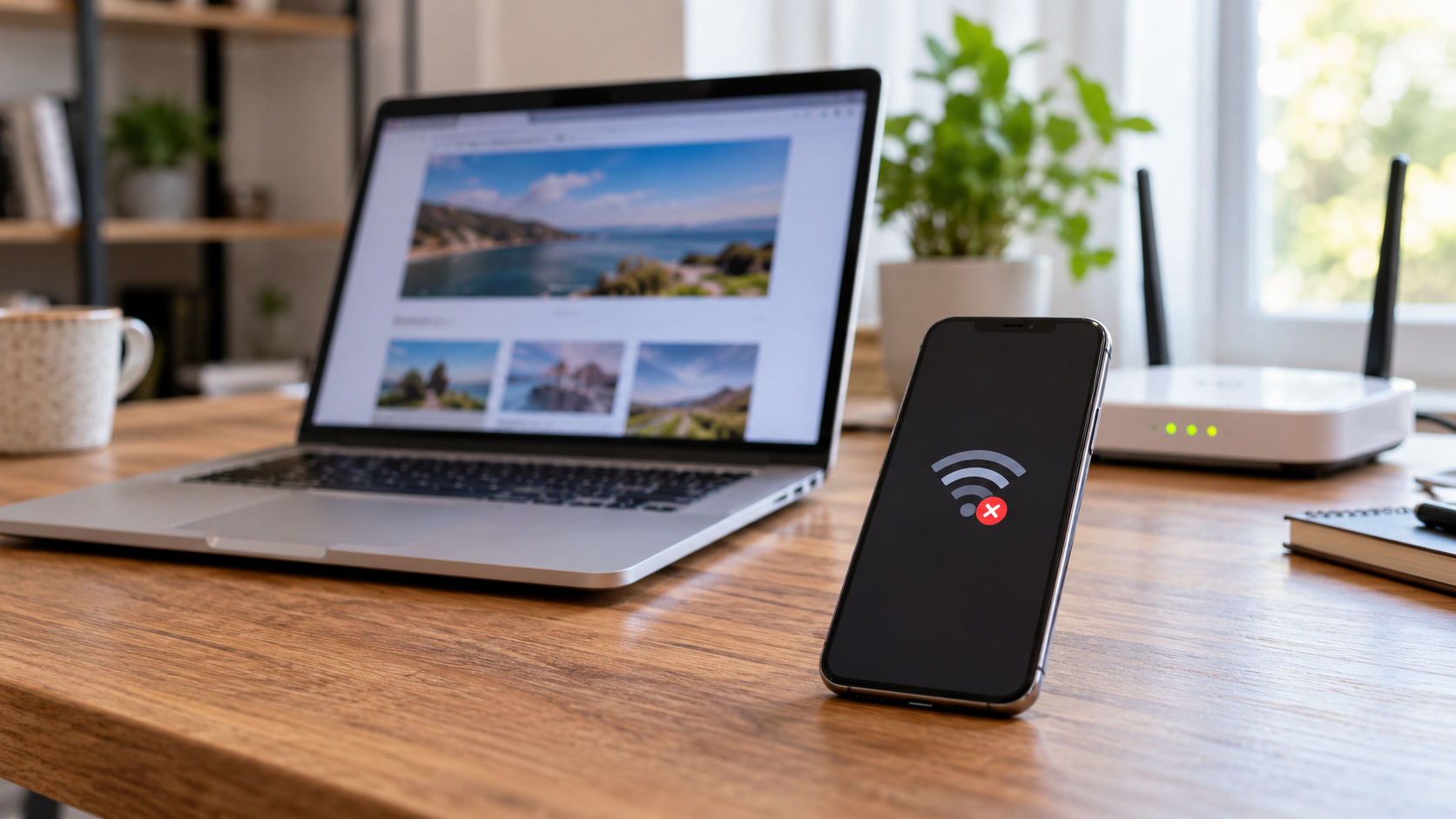 Smartphone con simbolo Wi-Fi barrato su una scrivania, accanto a un portatile aperto e a un router domestico